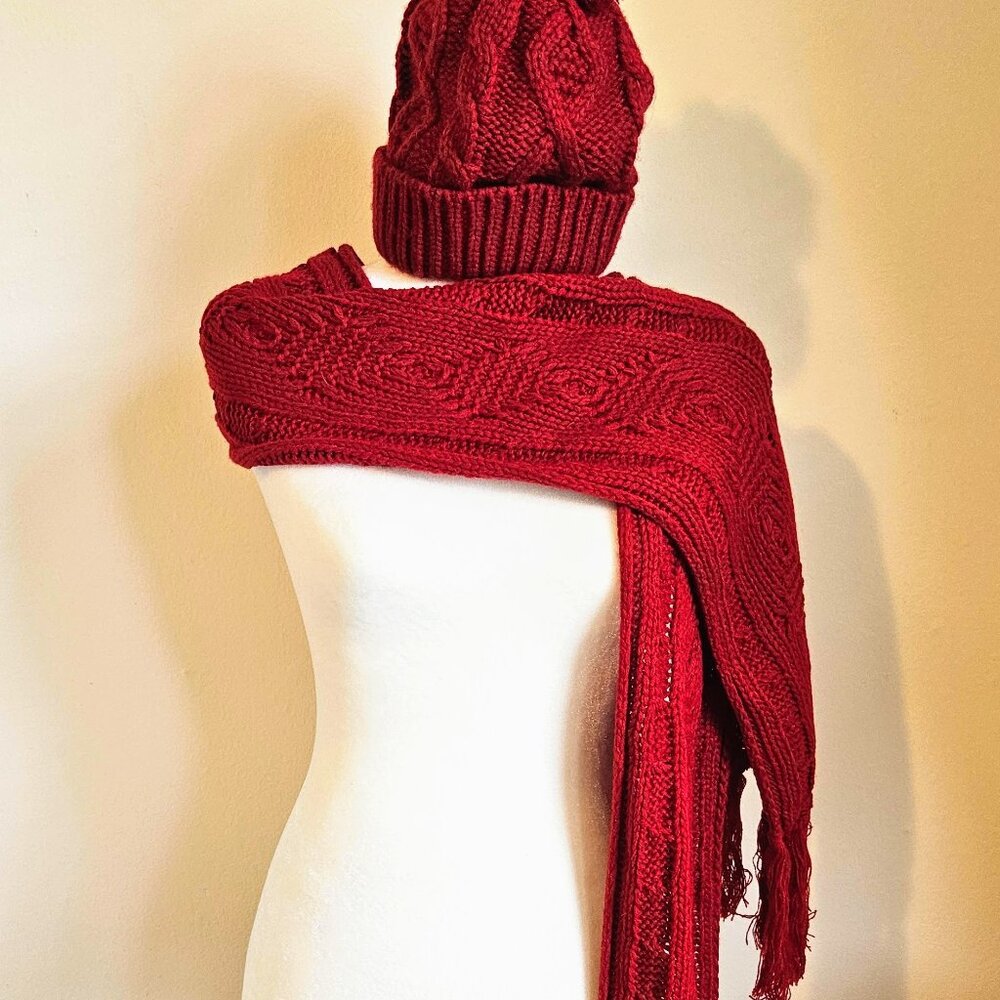 Cozy Red Knit Winter Hat and Scarf Set, One Size
